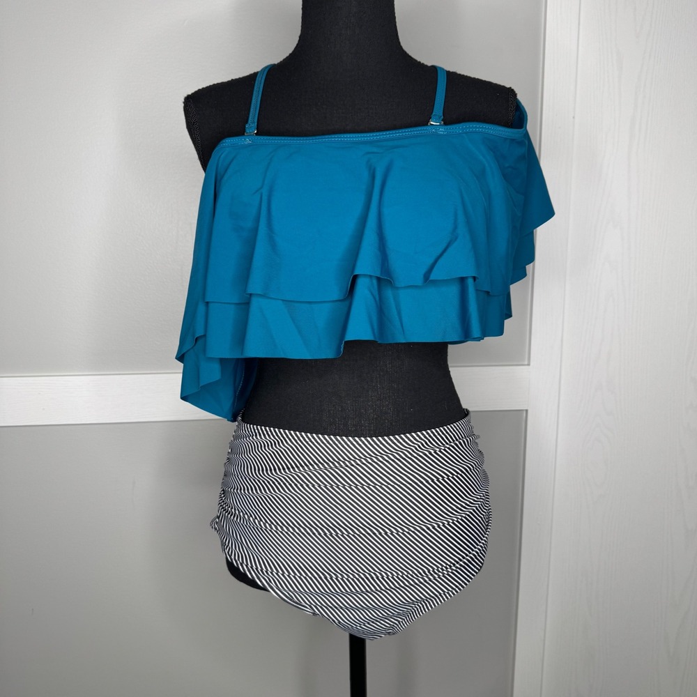 Tempt Me Women Teal Ruffle Flounce High Waist Striped Bikini Set XL New‎